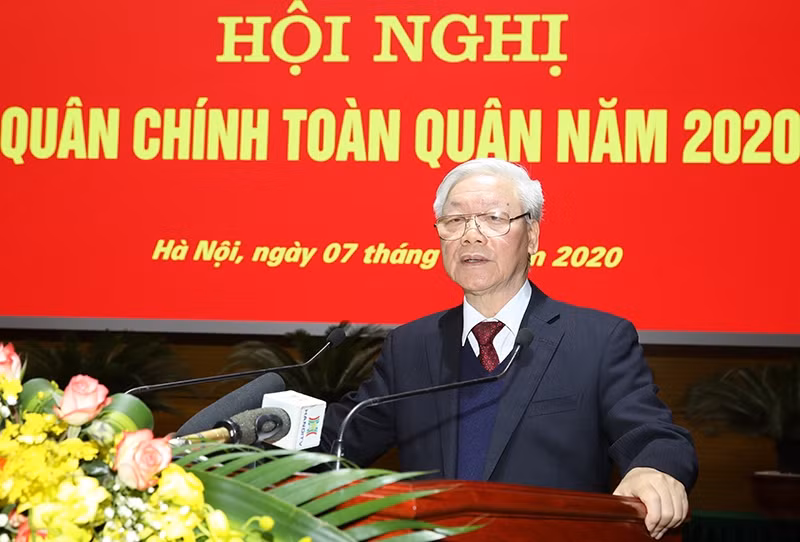 Tổng Bí thư, Chủ tịch nước Nguyễn Phú Trọng phát biểu tại Hội nghị Quân chính toàn quân năm 2020. Ảnh Bộ Quốc phòng