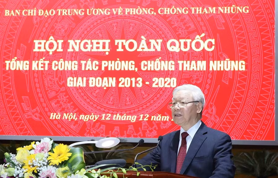 Tổng Bí thư, Chủ tịch nước Nguyễn Phú Trọng, Trưởng Ban Chỉ đạo Trung ương về phòng, chống tham nhũng phát biểu kết luận hội nghị. (Ảnh: Phương Hoa/TTXVN)