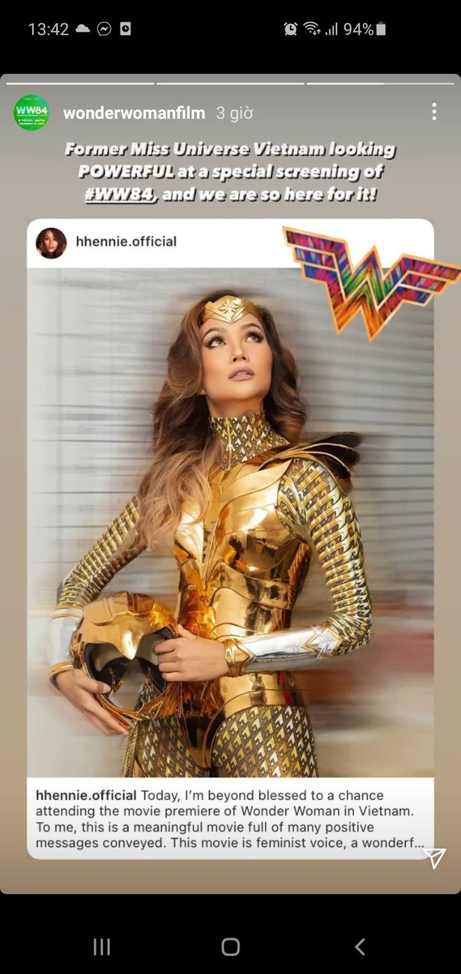 Khoảnh khắc H'Hen Niê hóa thân thành Wonder Woman không chỉ khiến fan Việt Nam phấn khích mà còn làm người hâm mộ nước ngoài hào hứng. Instagram của phim cập nhật hình ảnh của H'Hen Niê ẢNH: CHỤP MÀN HÌNH