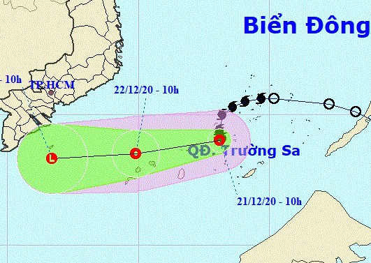 Vị trí và dự báo đường đi của áp thấp nhiệt đới - Nguồn: Trung tâm dự báo khí tượng thủy văn quốc gia  Vị trí và dự báo đường đi của áp thấp nhiệt đới - Nguồn: Trung tâm dự báo khí tượng thủy văn quốc gia