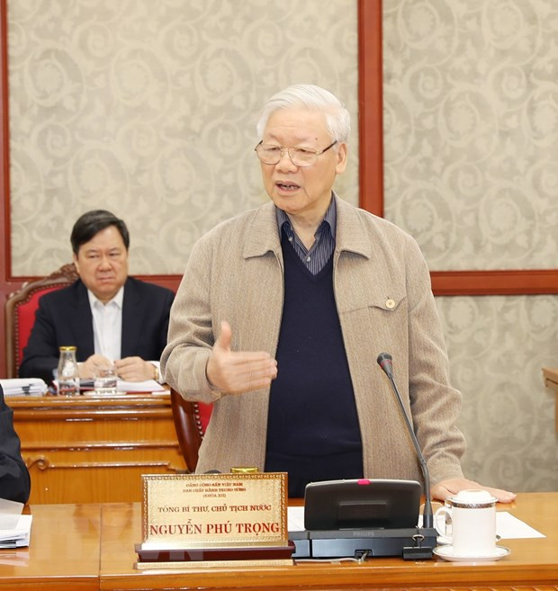 Tổng Bí thư, Chủ tịch nước Nguyễn Phú Trọng phát biểu kết luận cuộc họp. (Ảnh: Trí Dũng/TTXVN) Tổng Bí thư, Chủ tịch nước Nguyễn Phú Trọng phát biểu kết luận cuộc họp. (Ảnh: Trí Dũng/TTXVN)
