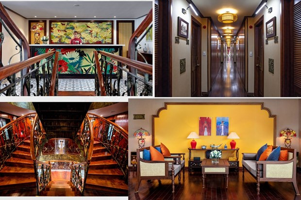 Không gian bên trong du thuyền như một triển lãm đậm dấu ấn văn hóa, lịch sử. (Ảnh: CTV/Vietnam+)  Không gian bên trong du thuyền như một triển lãm đậm dấu ấn văn hóa, lịch sử. (Ảnh: CTV/Vietnam+)