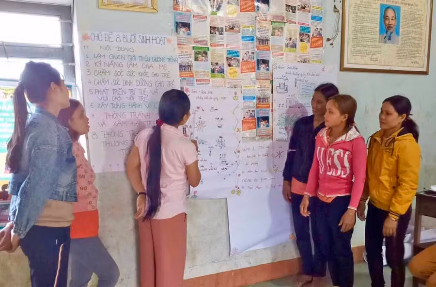 Một buổi sinh hoạt nhóm của Câu lạc bộ Phát triển trẻ thơ toàn diện xã Lơ Ku (huyện Kbang). Ảnh: Hà Duy