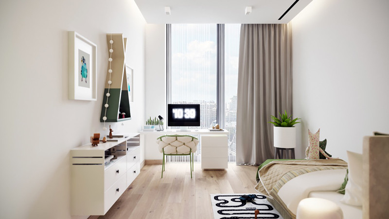  Nhìn từ phía cửa kính, trẻ nhỏ sẽ cảm nhận được những tia nắng ban mai chiếu vào căn phòng.