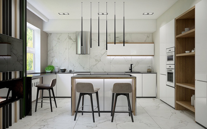 Nhà bếp bố trí đơn giản nhưng không hề nhàm chán nhờ dải đèn led mỏng thả từ trần xuống mặt bàn.