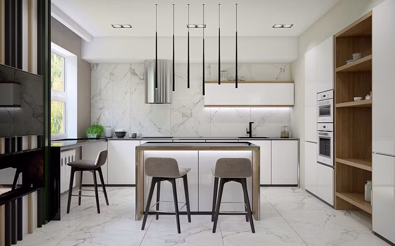 Nhà bếp bố trí đơn giản nhưng không hề nhàm chán nhờ dải đèn led mỏng thả từ trần xuống mặt bàn.