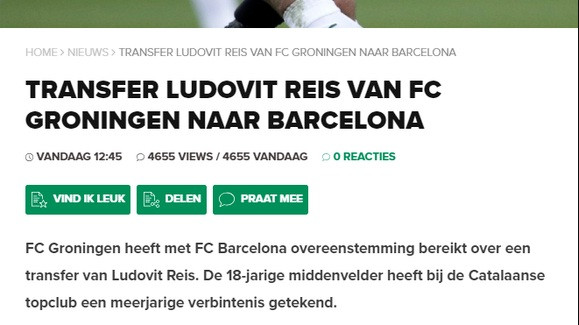 CLB Groningen thông báo đã bán thành công Ludovit Reis cho Barcelona. CLB Groningen thông báo đã bán thành công Ludovit Reis cho Barcelona.
