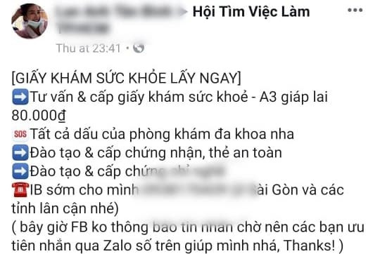 Thông tin rao bán giáy khám sức khỏe được công khai rao bán trên mạng xã hội.