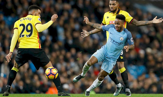  Man City của Sterling (giữa) toàn thắng trong 10 lần gặp Watford Ảnh: REUTERS