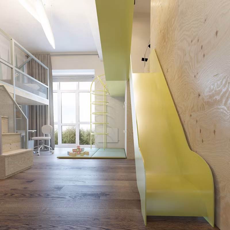 Phòng ngủ có kèm theo cầu trượt để trẻ vui chơi. Phòng ngủ có kèm theo cầu trượt để trẻ vui chơi.