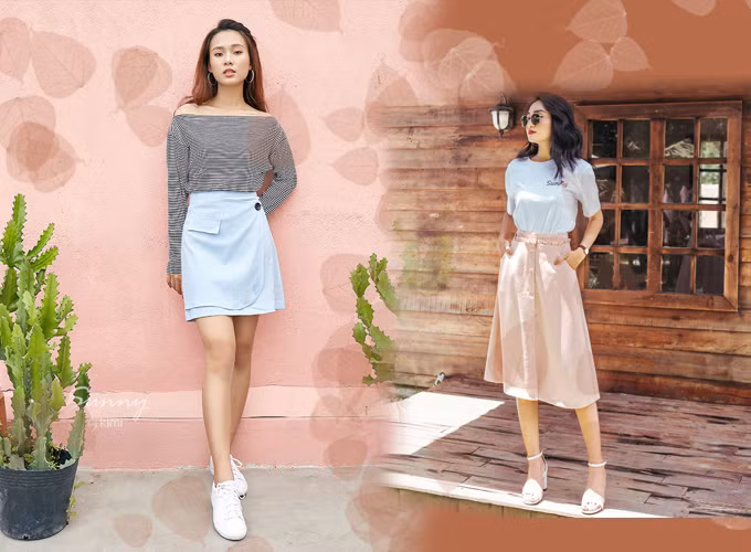 Áo thun và chân váy là set đồ phù hợp với những cô nàng yêu thích vẻ ngoài năng động song vẫn nữ tính. Bạn gái có thể tham khảo cách phối áo thun với chân váy ngắn đắp tà hoặc chân váy midi để xuống phố, đi làm hay đi học đều phù hợp. Hoặc bạn có thể phối áo cùng chân váy ngắn chất liệu denim hay kaki, mang cùng sneaker hay giày loafer cho vẻ ngoài cá tính hơn.
