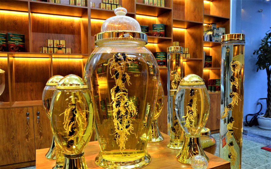 Rượu ngâm nguyên con Đông trùng hạ thảo do “tiến sĩ Nấm” sản xuất. Ảnh: Hoàng Thiên Nga