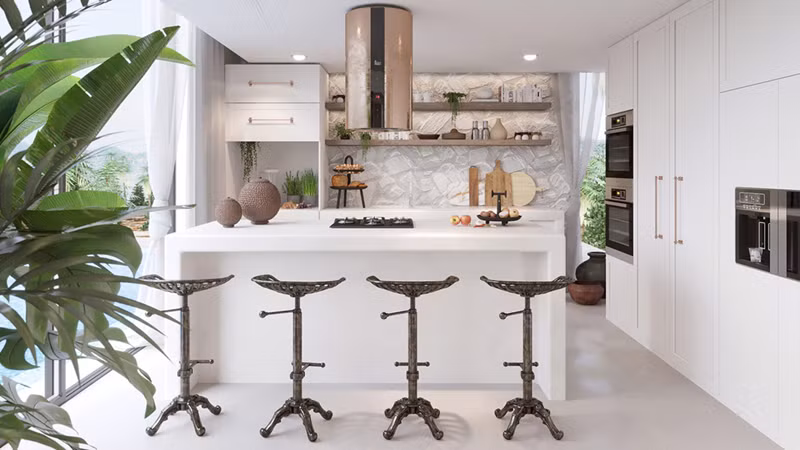 Phòng bếp nổi bật vì có những chiếc ghế cao có thể kéo lên, đưa xuống.