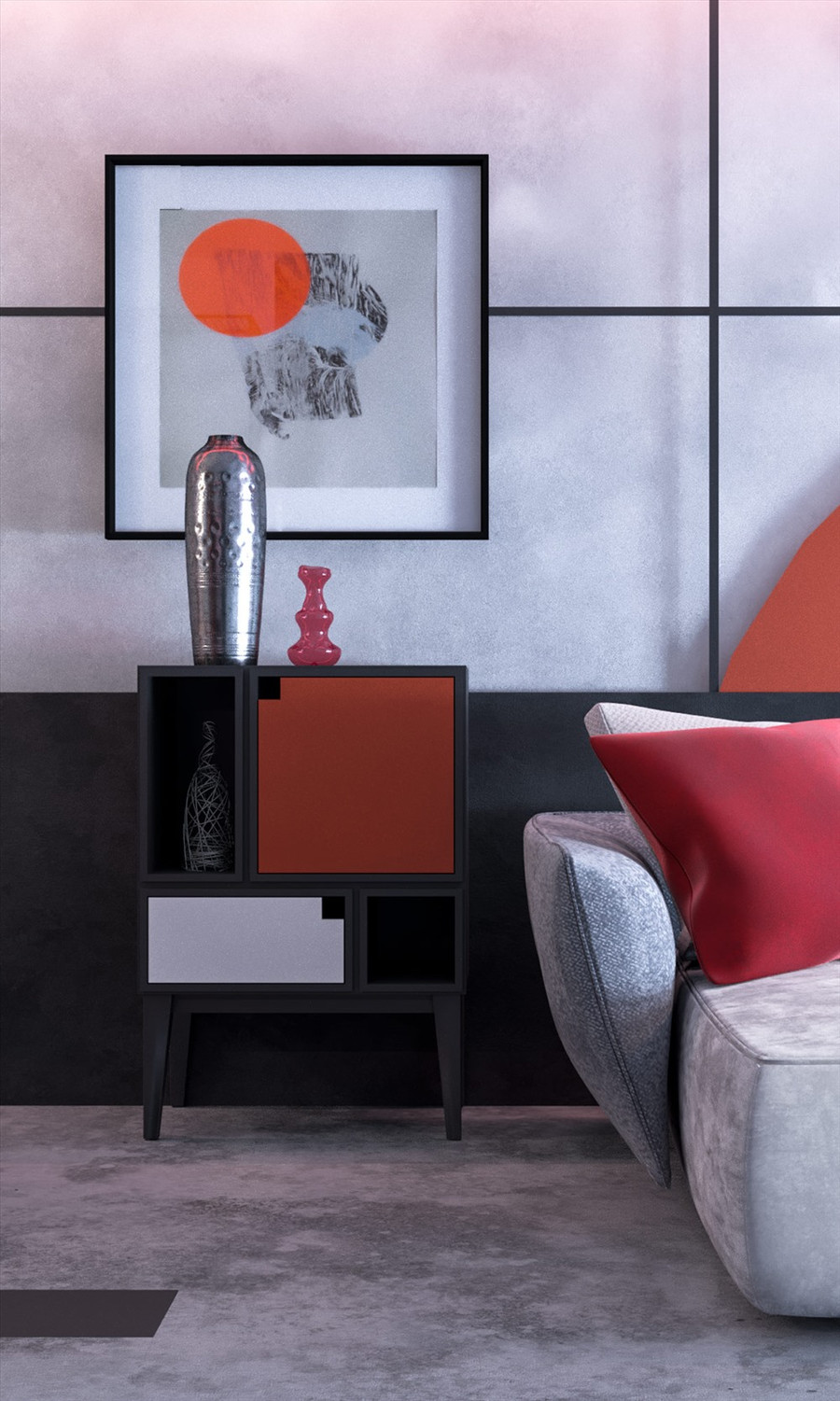 Cạnh ghế sofa là chiếc kệ nhiều ngăn nhiều hình khối cùng một bức tranh trừu tượng. Cạnh ghế sofa là chiếc kệ nhiều ngăn nhiều hình khối cùng một bức tranh trừu tượng.
