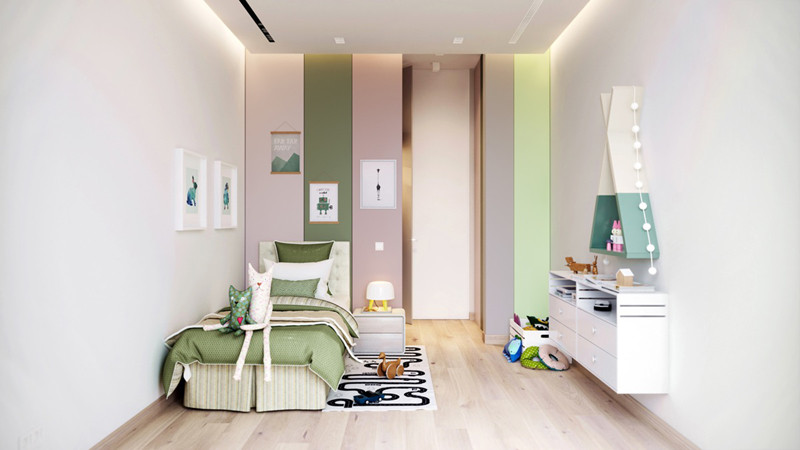  Giường ngủ, tủ và một số đồ vật khác có sự kết hợp giữa màu trắng và xanh cốm khiến cho căn phòng trở nên sáng sủa hơn. 