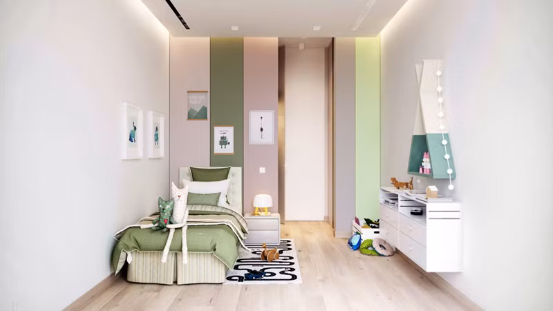  Giường ngủ, tủ và một số đồ vật khác có sự kết hợp giữa màu trắng và xanh cốm khiến cho căn phòng trở nên sáng sủa hơn. 