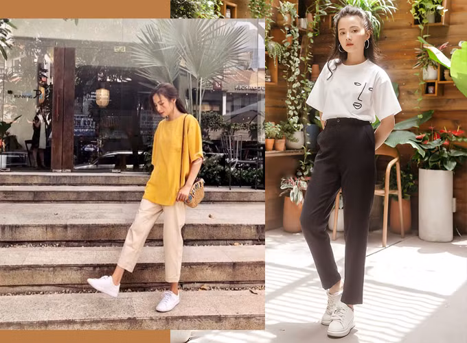  Nếu không thích các kiểu quần shorts cá tính, bạn gái có thể tham khảo cách phối áo thun đơn sắc với quần ống đứng cạp cao hoặc quần tây cho những buổi đến trường. Bạn chỉ cần chọn chiếc áo thun dáng oversize ưa thích, sơ vin áo để trông gọn gàng hoặc thả ngoài thoải mái, cộng thêm đôi sneaker đơn giản là đã có set đồ trẻ trung cho buổi hẹn hò cuối tuần.