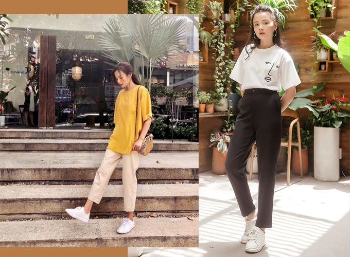 Nếu không thích các kiểu quần shorts cá tính, bạn gái có thể tham khảo cách phối áo thun đơn sắc với quần ống đứng cạp cao hoặc quần tây cho những buổi đến trường. Bạn chỉ cần chọn chiếc áo thun dáng oversize ưa thích, sơ vin áo để trông gọn gàng hoặc thả ngoài thoải mái, cộng thêm đôi sneaker đơn giản là đã có set đồ trẻ trung cho buổi hẹn hò cuối tuần. Nếu không thích các kiểu quần shorts cá tính, bạn gái có thể tham khảo cách phối áo thun đơn sắc với quần ống đứng cạp cao hoặc quần tây cho những buổi đến trường. Bạn chỉ cần chọn chiếc áo thun dáng oversize ưa thích, sơ vin áo để trông gọn gàng hoặc thả ngoài thoải mái, cộng thêm đôi sneaker đơn giản là đã có set đồ trẻ trung cho buổi hẹn hò cuối tuần.