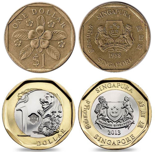  Đồng một đôla Singapore thay đổi thiết kế theo thời gian. Ảnh: Worldofcoins.