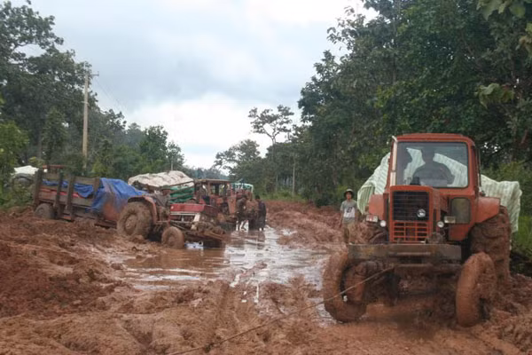 Hàng loạt xe chở nông sản thay nhau sa vũng lầy. Ảnh: Văn Ngọc Hàng loạt xe chở nông sản thay nhau sa vũng lầy. Ảnh: Văn Ngọc