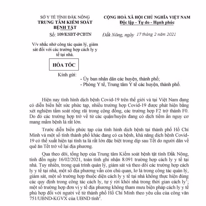  Văn bản hỏa tốc của CDC Đắk Nông về việc chấn chỉnh công tác cách ly y tế tại nhà