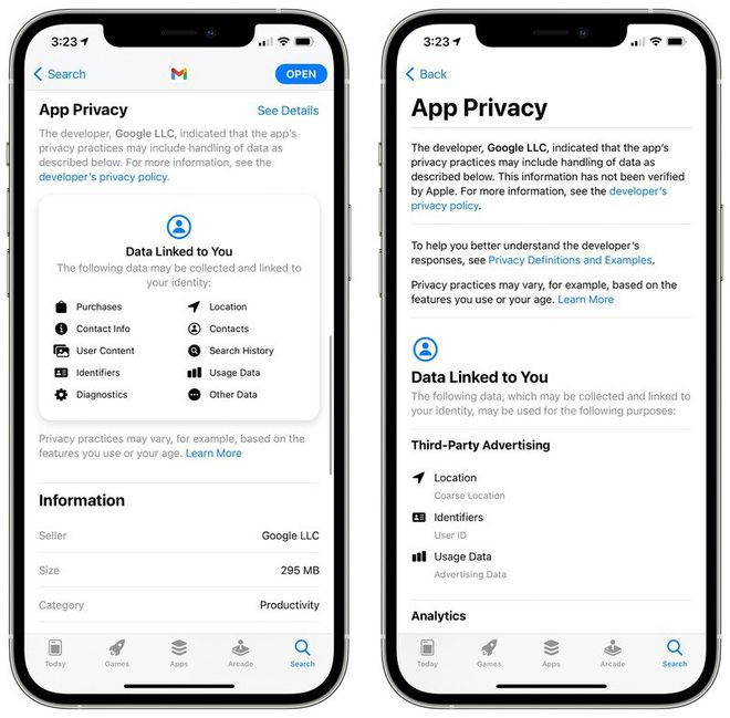 Nhãn App Privacy đã được thêm vào ứng dụng Gmail trên App Store - Ảnh chụp màn hình  Nhãn App Privacy đã được thêm vào ứng dụng Gmail trên App Store - Ảnh chụp màn hình