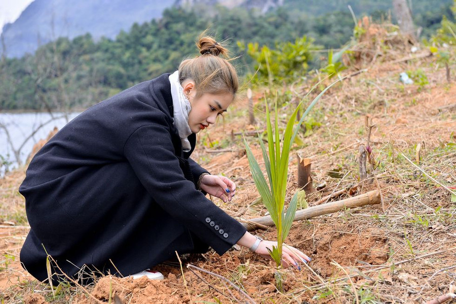 Bùi Minh Anh tham gia trồng cây xanh tại tỉnh Tuyên Quang. Ảnh: HOÀNG KHÔI NGUYÊN