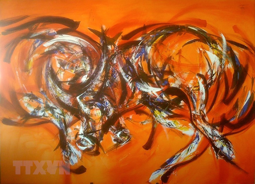  Tranh 'Nhịp điệu' do họa sỹ Hùng sáng tác. (Ảnh: Văn Dũng/TTXVN)