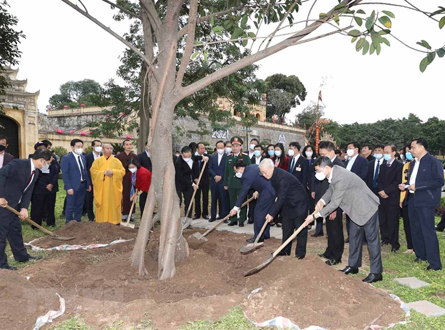Tổng Bí thư, Chủ tịch nước Nguyễn Phú Trọng trồng cây lưu niệm tại Khu Di tích Hoàng thành Thăng Long. Ảnh: TTXVN