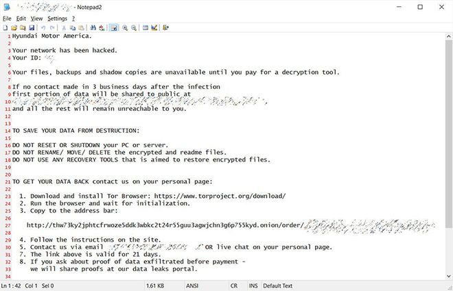 Nội dung thư đòi tiền chuộc của tin tặc đối với chi nhánh Kia Motors tại Mỹ - Ảnh chụp màn hình Nội dung thư đòi tiền chuộc của tin tặc đối với chi nhánh Kia Motors tại Mỹ - Ảnh chụp màn hình