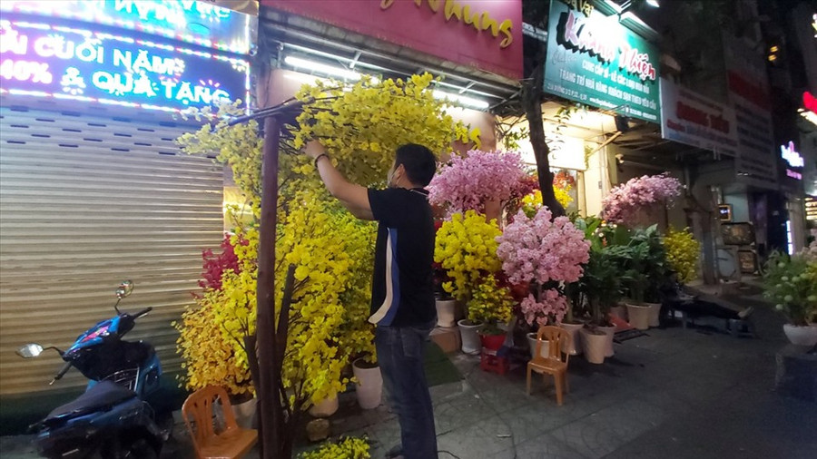 Cây mai giả này được anh Đông chọn mua về trưng bày ở nhà hàng. Ảnh: Huân Cao