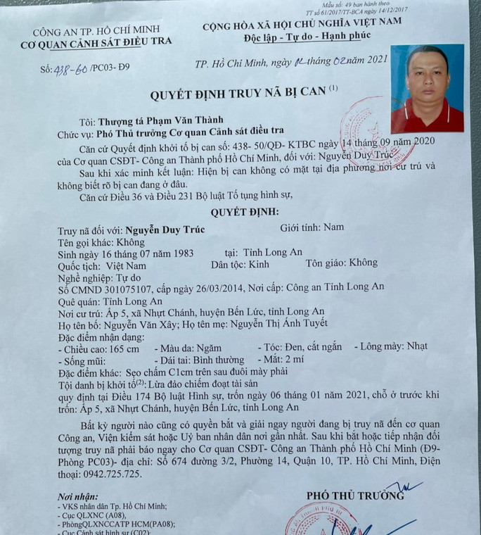 Quyết định truy nã Nguyễn Duy Trúc Quyết định truy nã Nguyễn Duy Trúc