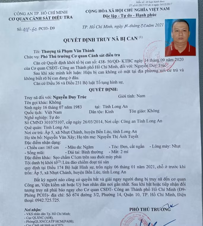 Quyết định truy nã Nguyễn Duy Trúc