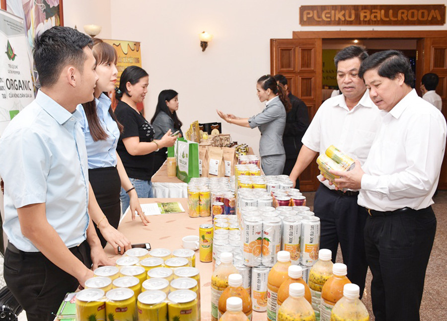 Thứ trưởng Bộ Nông nghiệp và PTNT Lê Quốc Doanh (bìa phải) và Phó Chủ tịch UBND tỉnh Kpă Thuyên xem sản phẩm chanh dây của Công ty DOVECO. Ảnh: Lê Nam  Thứ trưởng Bộ Nông nghiệp và PTNT Lê Quốc Doanh (bìa phải) và Phó Chủ tịch UBND tỉnh Kpă Thuyên xem sản phẩm chanh dây của Công ty DOVECO. Ảnh: Lê Nam