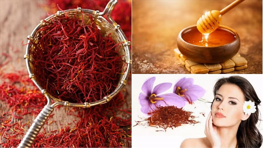 Ảnh minh hoạ nhụy hoa nghệ tây và mật ong. Đồ hoạ: Ngọc Trâm