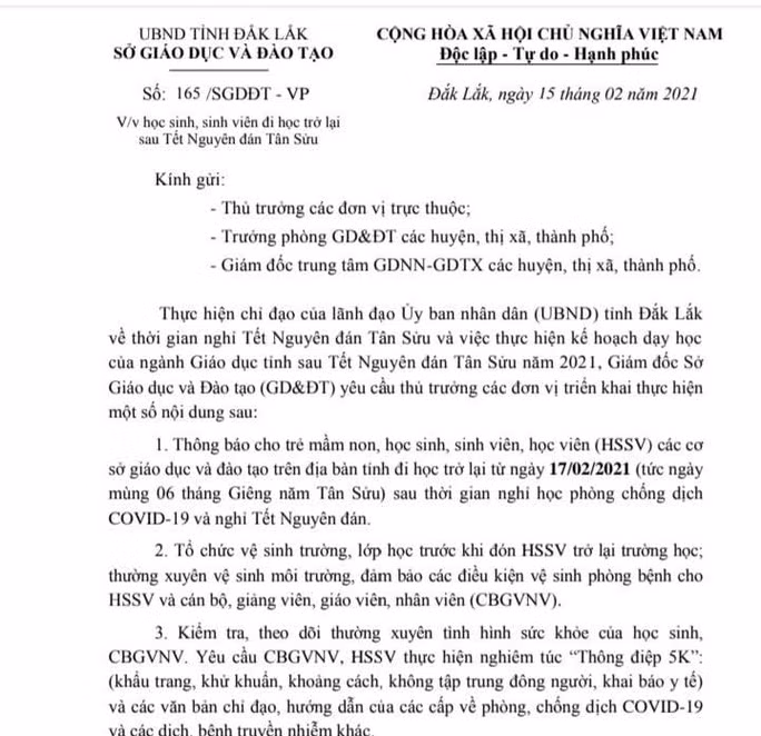 Văn bản cho học sinh đi học từ mùng 6 Tết của Sở GD-ĐT tỉnh Đắk Lắk.
