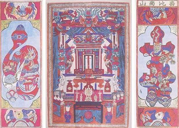 Tranh dân gian Hàng Trống: Tranh Hương Chủ và câu đối Phúc-Thọ. (Nguồn:Vietnam+)