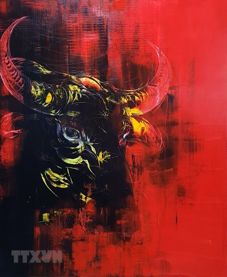 Tranh 'Tự sự' do họa sỹ Hùng sáng tác. (Ảnh: Văn Dũng/TTXVN)