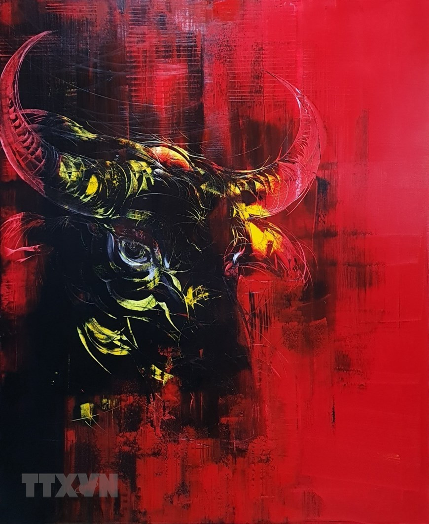 Tranh 'Tự sự' do họa sỹ Hùng sáng tác. (Ảnh: Văn Dũng/TTXVN)