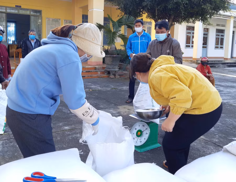 Bà con nhân dân nhận gạo cứu đói tại thị trấn Đak Pơ. Ảnh: Tuyết Mai