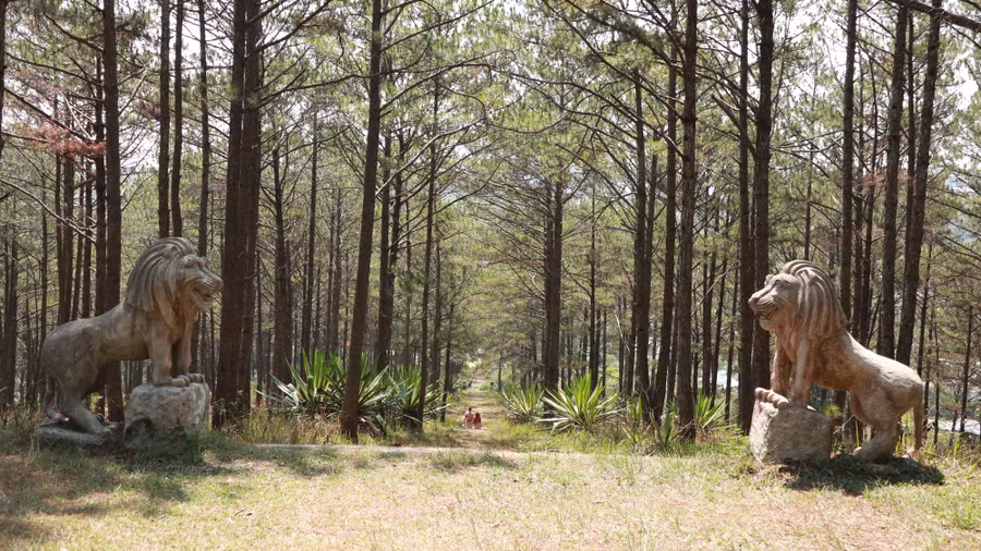 Sau khi đi qua cổng lăng, du khách phải tiếp tục đi thêm khoảng 200m với 158 bậc thang để đến được với khu lăng chính. Cứ lên vài bậc lại có một chiếu nghỉ đan xen xuyên suốt đến hết đoạn đường tạo cảm giác thoai thoải không quá dốc đối với người đi lên xuống. Cuối con đường lên khu lăng chính này là cặp sư tử được đặt án ngữ hai bên được xem như linh vật trấn giữ lăng.