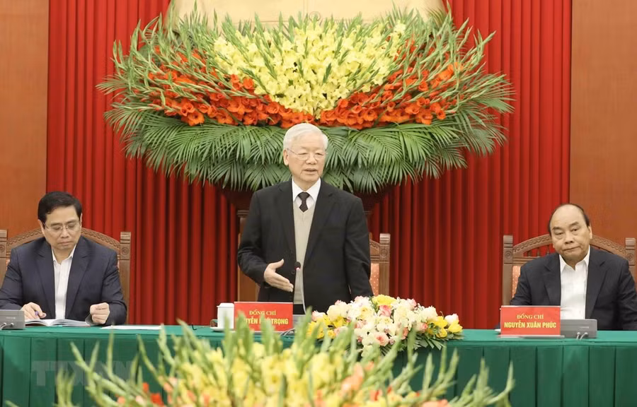  Tổng Bí thư, Chủ tịch nước Nguyễn Phú Trọng phát biểu tại buổi gặp mặt. (Ảnh: Phương Hoa/TTXVN)