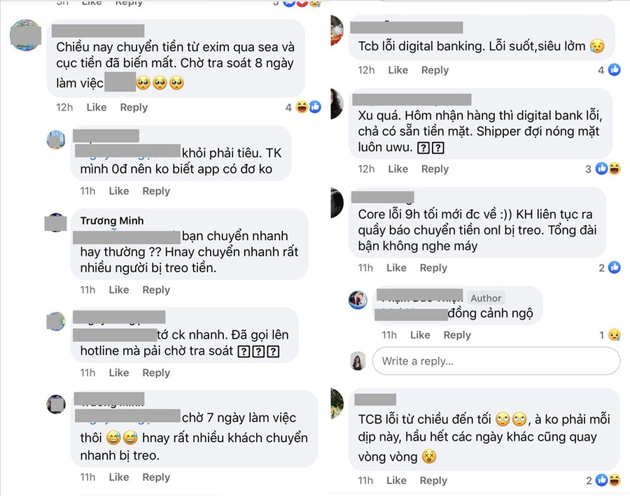 Khách hàng để lại nhiều lời phàn nàn về dịch vụ của Techcombank liên tục nghẽn, không thể chuyển tiền trên các group. Ảnh chụp màn hình