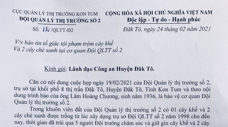 Đơn thư gửi đến cơ quan Công an của Đội Quản lý thị trường số 2. Ảnh TT  Đơn thư gửi đến cơ quan Công an của Đội Quản lý thị trường số 2. Ảnh TT