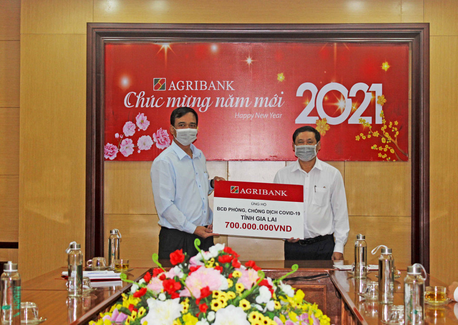 Ông Đinh Hà Nam, Phó Giám đốc Sở Y tế, Phó Trưởng ban chỉ đạo phòng, chống dịch Covid-19 tỉnh tiếp nhận số tiền ủng hộ 700 triệu đồng do ông Nguyễn Dự, Giám đốc Agribank Gia Lai trao tặng.