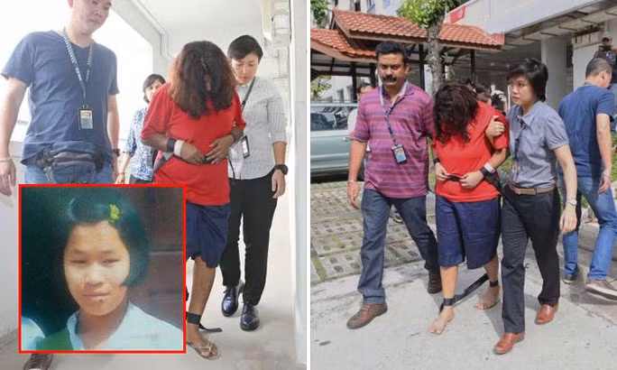 Bà Murugayan (áo đỏ) bị bắt vì giết người giúp việc (ảnh nhỏ). Ảnh: The Straits Times