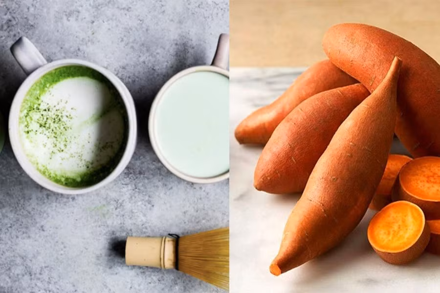  Bột trà xanh và khoai lang là loại thực phẩm giúp giảm căng thẳng hiệu quả. Ảnh: Healthline.
