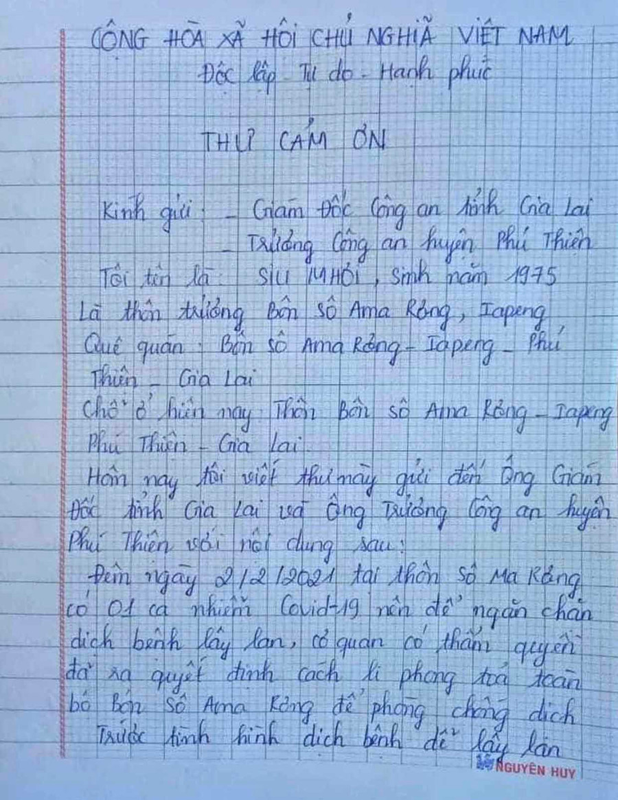 Thư cảm ơn của người dân gửi Công an huyện Phú Thiện. Thư cảm ơn của người dân gửi Công an huyện Phú Thiện.
