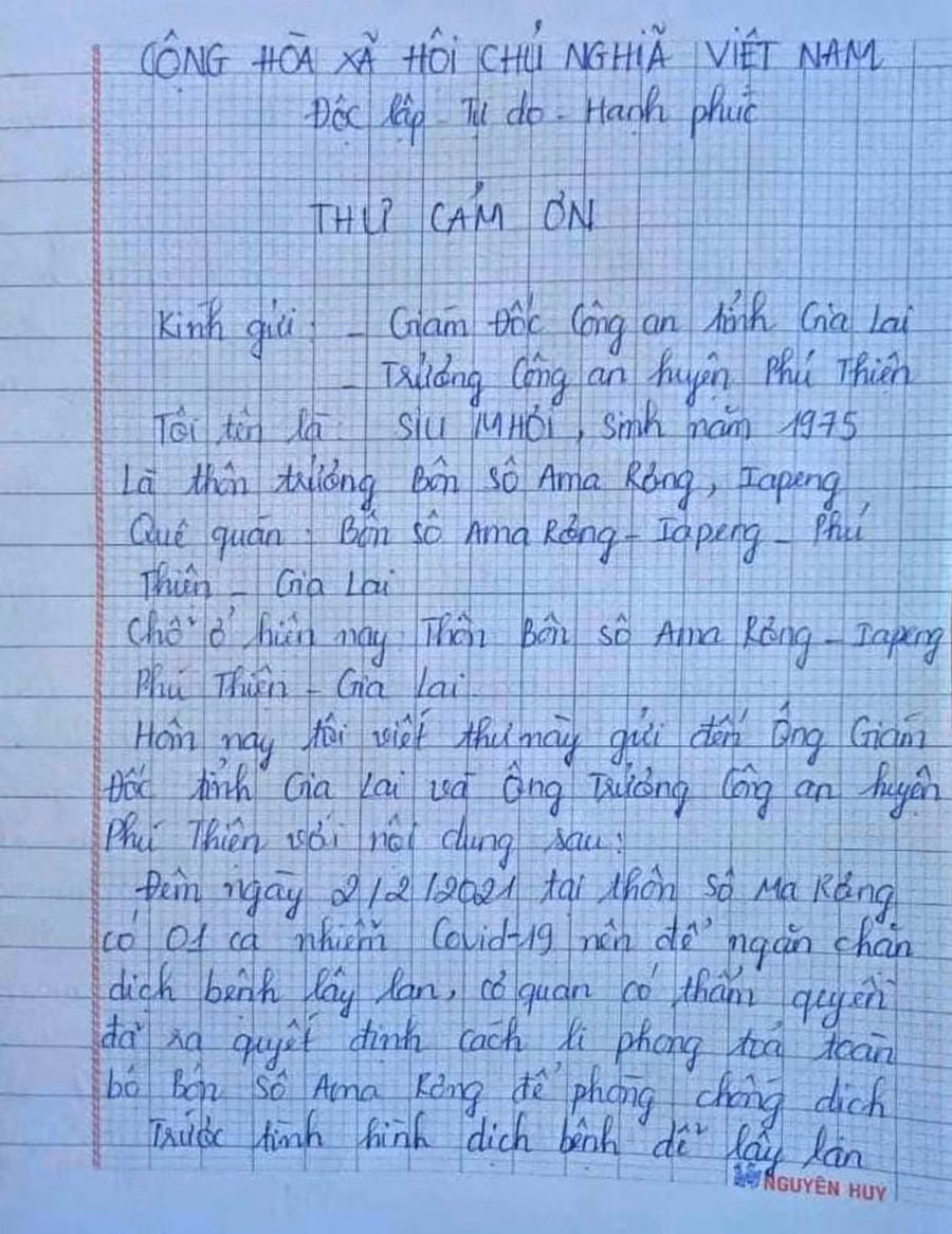 Thư cảm ơn của người dân gửi Công an huyện Phú Thiện. 