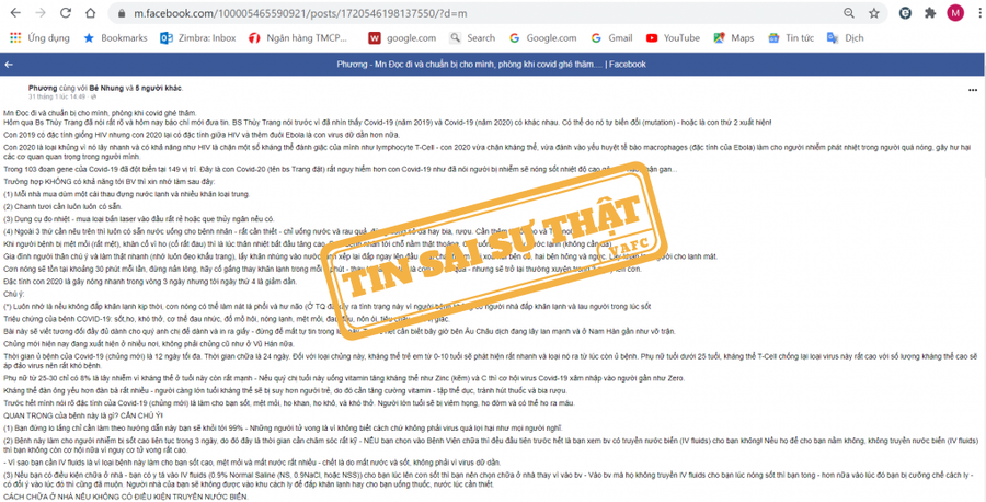 Thông tin điều trị COVID-19 tại nhà được Cục Phát thanh, Truyền hình và Thông tin điện tử xác định là sai sự thật.